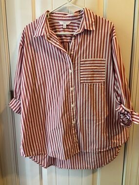 Time and Tru Red & White Striped Button Front Shirt
